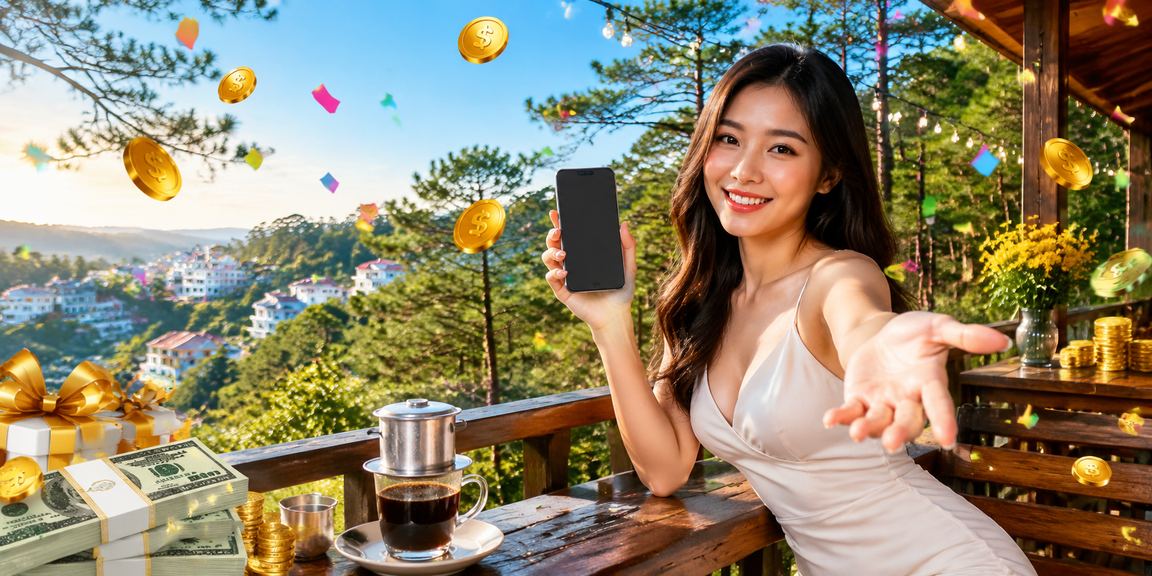 Người dùng tại Đà Lạt cài đặt ứng dụng 990k9 và nhận cashback trong không khí buổi sáng cà phê